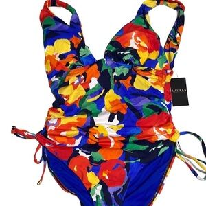 Ralph Lauren Red‎ and Blue One Piece Swimsuit with Plunging Neckline NWT Sz 14